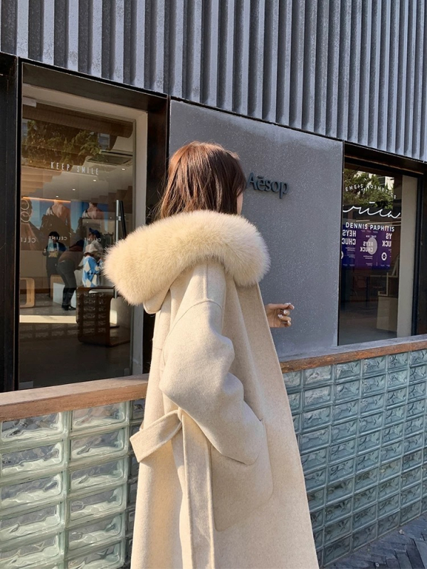 Palton din lână pentru femei, cu glugă și guler din blană de vulpe, cu două fețe, lungime extinsă