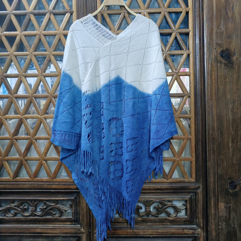 Shawl tie-dye με V-λαιμό, μάλλινο πουλόβερ-μανδύας για φθινοπωρινή-χειμερινή χρήση, βαμμένο με φυτικές βαφές