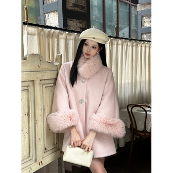 Palton de lână pentru femei, pelerină tip, lungime medie, guler rotund, mâneci lungi, guler din blană de vulpe