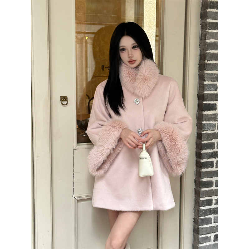 Palton de lână pentru femei, pelerină tip, lungime medie, guler rotund, mâneci lungi, guler din blană de vulpe