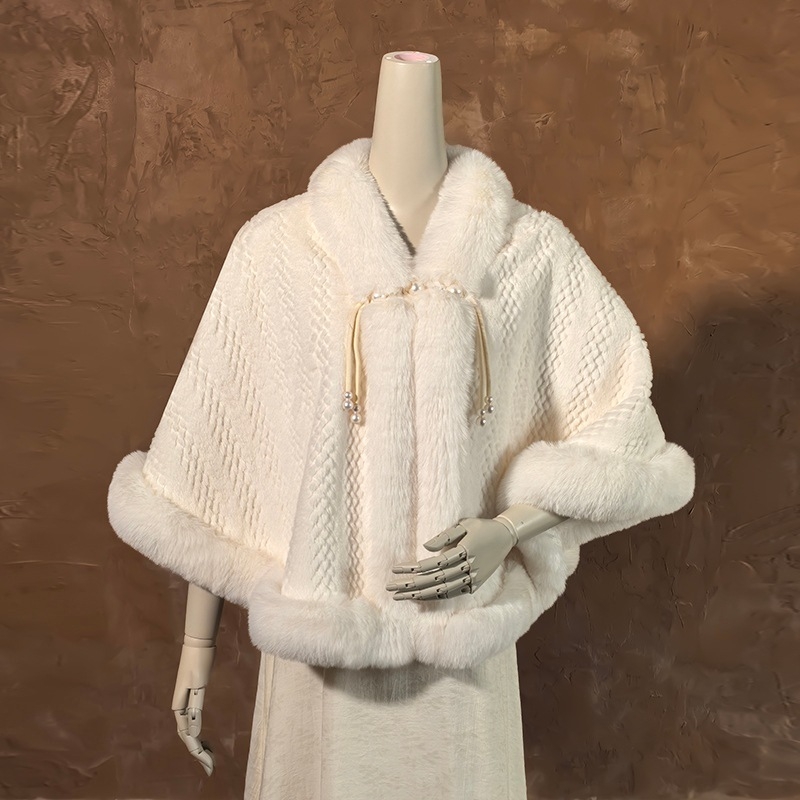 Женска Chenille пелерина с пухена яка, подплатена флисом, дебела Chenille, стил Cape, зимно топло палто