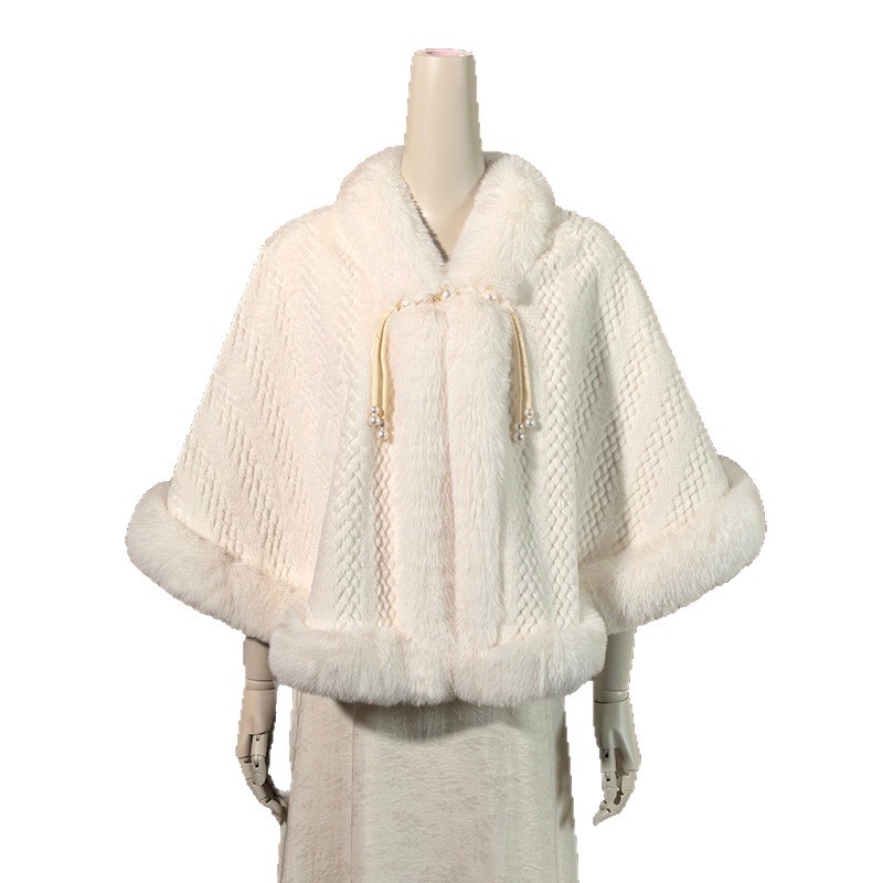 Женска Chenille пелерина с пухена яка, подплатена флисом, дебела Chenille, стил Cape, зимно топло палто