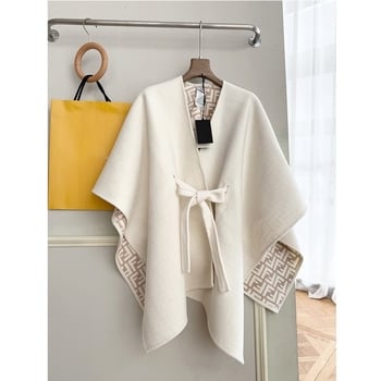 Γυναικεία διπλής όψης κασμίρι-μαλλί κάπα-σαλ, με ζώνη, γεωμετρικό ζακάρ, ύφανση warp-knit, για χειμώνα, άνοιξη και φθινόπωρο