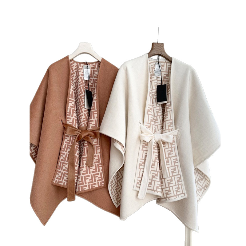 Γυναικεία διπλής όψης κασμίρι-μαλλί κάπα-σαλ, με ζώνη, γεωμετρικό ζακάρ, ύφανση warp-knit, για χειμώνα, άνοιξη και φθινόπωρο