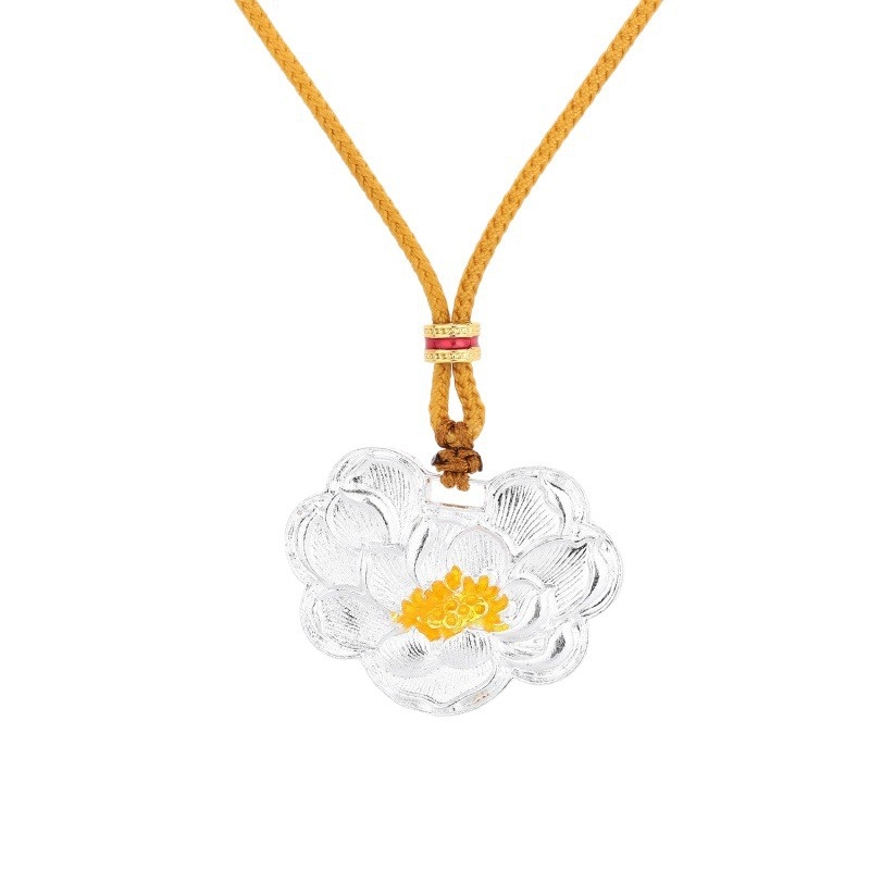 Colier cu formă de lotus, lanț tip frânghie, aliaj de cupru, electroplare, stil antic