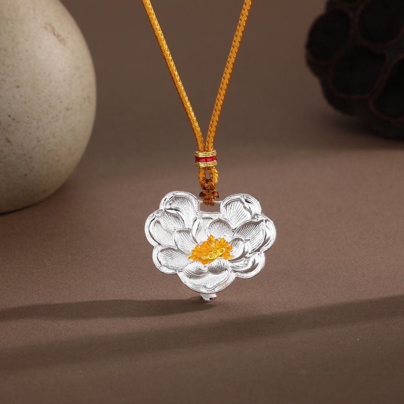 Colier cu formă de lotus, lanț tip frânghie, aliaj de cupru, electroplare, stil antic