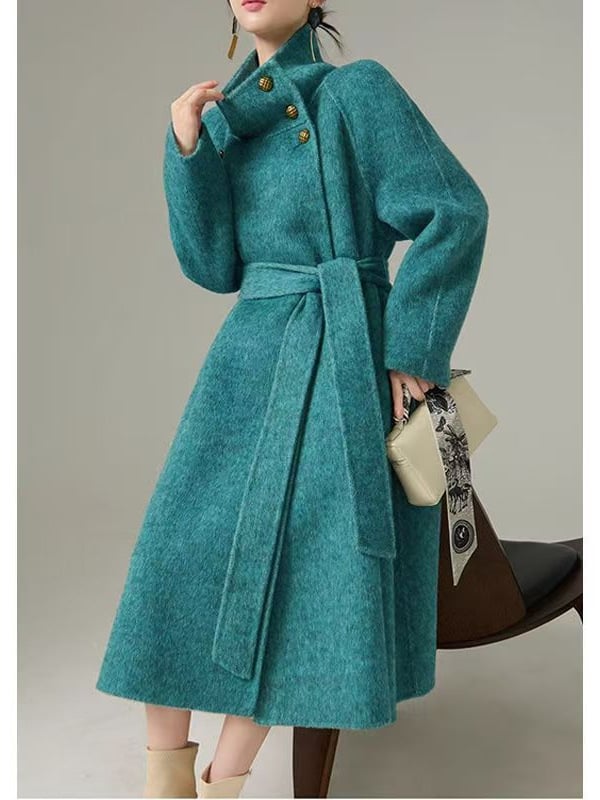 Garš sieviešu vilnas mētelis, bieza auduma, stāvā apkakle, garas piedurknes, vilnas saturs 50–70%, 2024. gada rudens