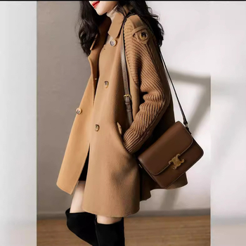 Ženski kapes stil pleteni paneli dvostrani vuneni-mješavina vanjski kaput, uski kroj, kratka duljina