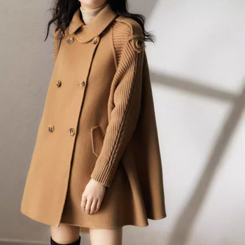 Ženski kapes stil pleteni paneli dvostrani vuneni-mješavina vanjski kaput, uski kroj, kratka duljina