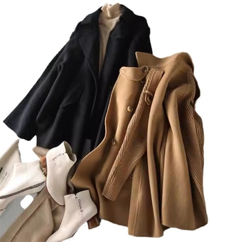 Ženski kapes stil pleteni paneli dvostrani vuneni-mješavina vanjski kaput, uski kroj, kratka duljina