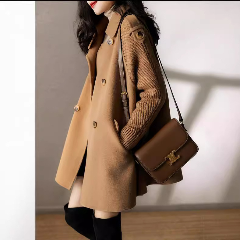 Ženski kapes stil pleteni paneli dvostrani vuneni-mješavina vanjski kaput, uski kroj, kratka duljina