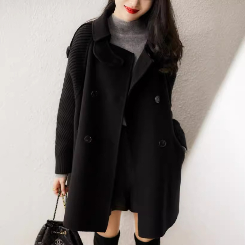 Ženski kapes stil pleteni paneli dvostrani vuneni-mješavina vanjski kaput, uski kroj, kratka duljina