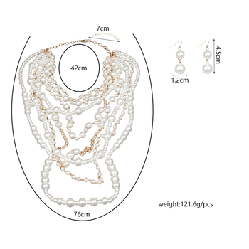 Set colier și cercei cu perle artificiale, lanț cu bile multi-strat, pandant din aliaj, greutate 121 g