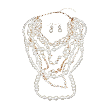 Set colier și cercei cu perle artificiale, lanț cu bile multi-strat, pandant din aliaj, greutate 121 g