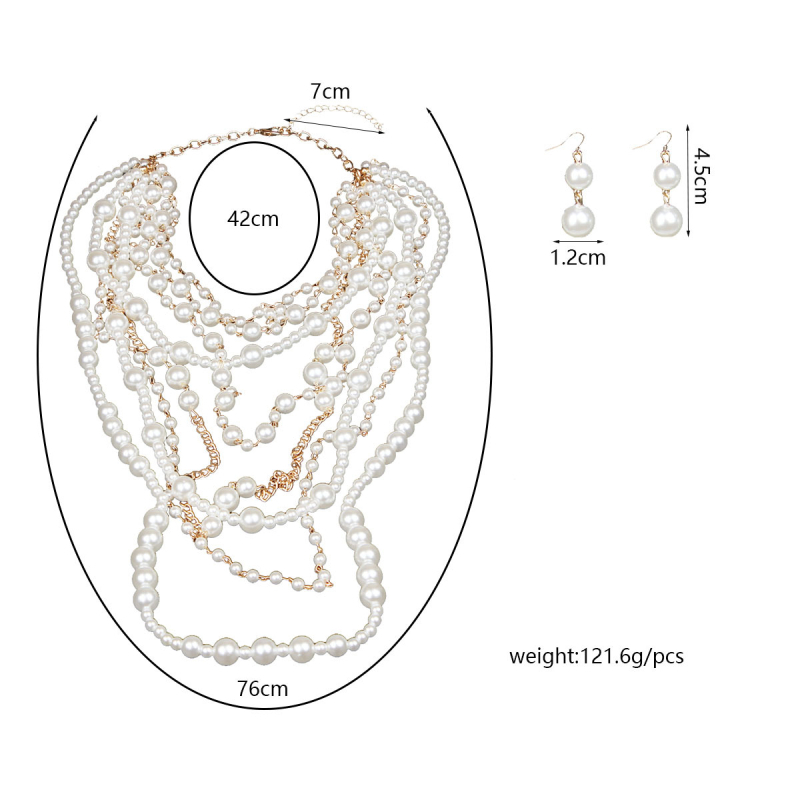 Set colier și cercei cu perle artificiale, lanț cu bile multi-strat, pandant din aliaj, greutate 121 g