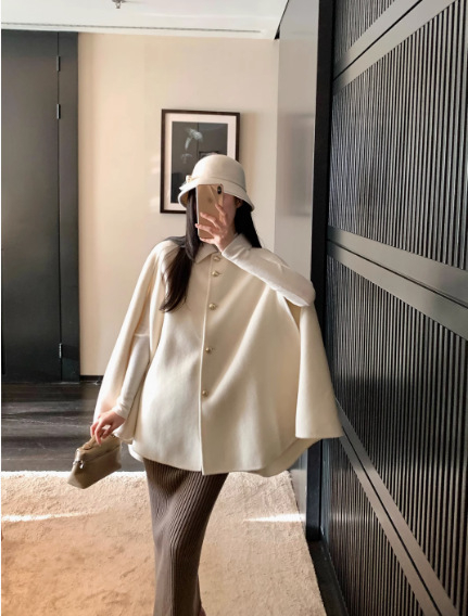 Ženski vuneni kaput sa šalom, A-linijska silueta kišobran, 95% vuna, srednja debljina, kratka duljina 50–65 cm