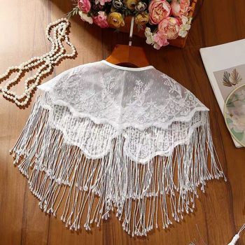 Șal din poliester cu dantelă, mărgele din orez, ciucuri cu perle, pentru ținute tradiționale inspirate din cultura chineză, femei, primăvară–toamnă 2025