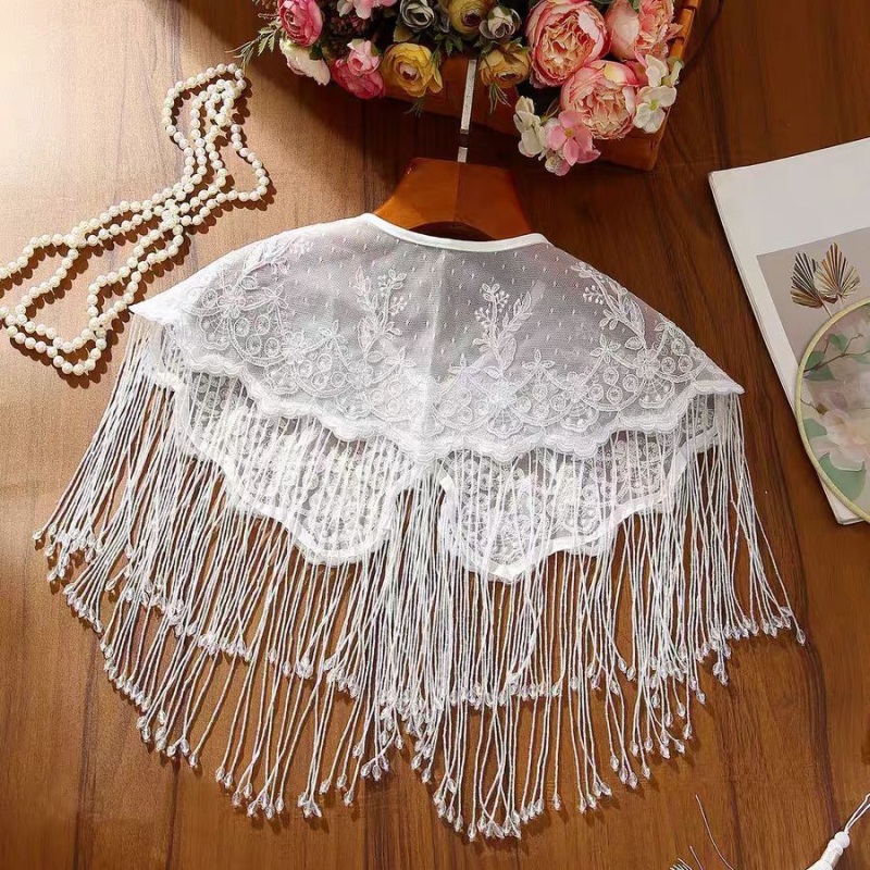 Șal din poliester cu dantelă, mărgele din orez, ciucuri cu perle, pentru ținute tradiționale inspirate din cultura chineză, femei, primăvară–toamnă 2025
