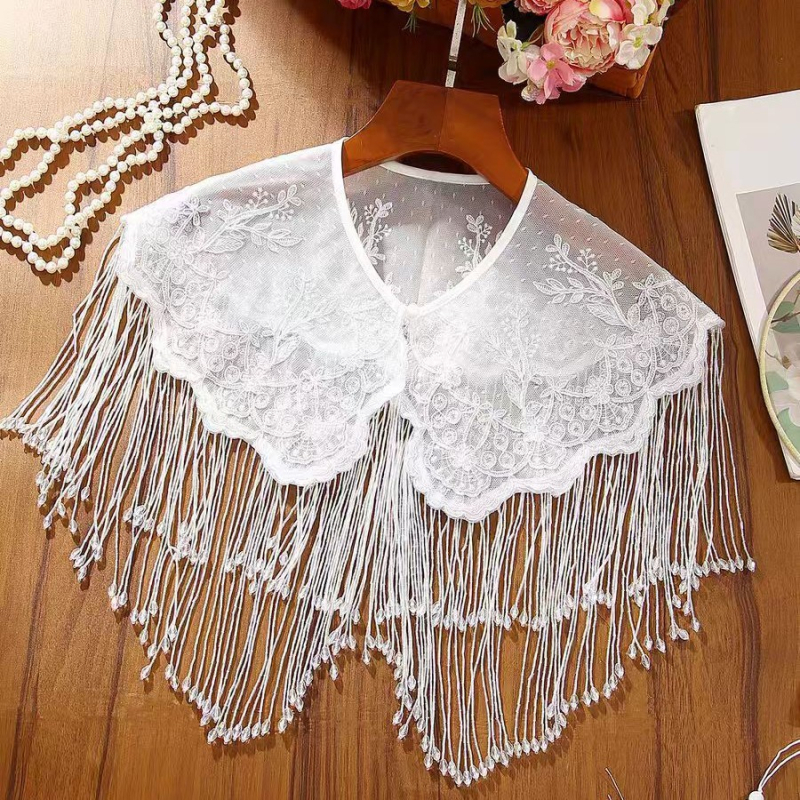 Șal din poliester cu dantelă, mărgele din orez, ciucuri cu perle, pentru ținute tradiționale inspirate din cultura chineză, femei, primăvară–toamnă 2025