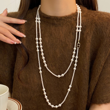 Ilga džempera ķēde ar mākslīgām pērlēm, daudzslāņu pērlīšu virkne, bez piekariņa