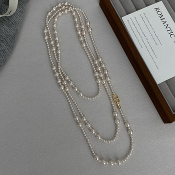 Ilga džempera ķēde ar mākslīgām pērlēm, daudzslāņu pērlīšu virkne, bez piekariņa