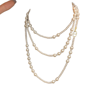 Ilga džempera ķēde ar mākslīgām pērlēm, daudzslāņu pērlīšu virkne, bez piekariņa