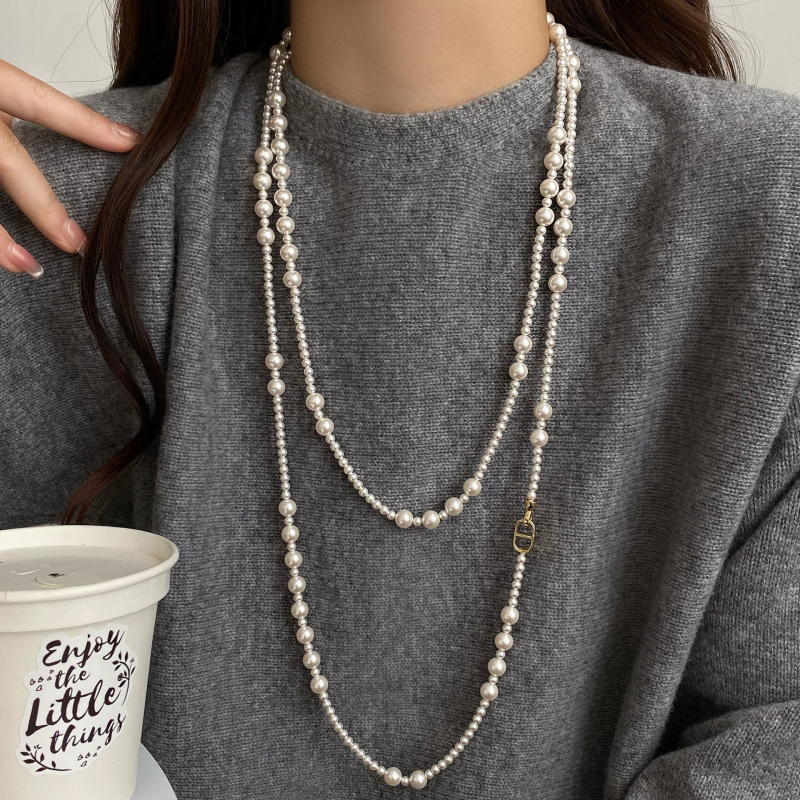 Ilga džempera ķēde ar mākslīgām pērlēm, daudzslāņu pērlīšu virkne, bez piekariņa