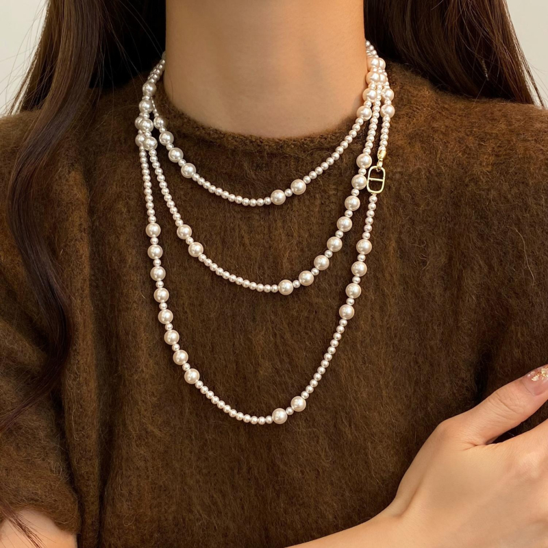 Ilga džempera ķēde ar mākslīgām pērlēm, daudzslāņu pērlīšu virkne, bez piekariņa