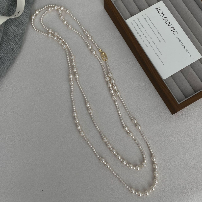 Ilga džempera ķēde ar mākslīgām pērlēm, daudzslāņu pērlīšu virkne, bez piekariņa