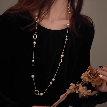 Имитационна барокова перлена дълга огърлица – корейски стил, геометричен дизайн, есен 2024