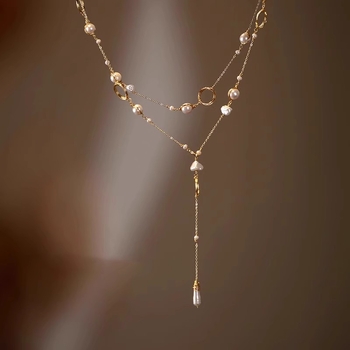 Имитационна барокова перлена дълга огърлица – корейски стил, геометричен дизайн, есен 2024