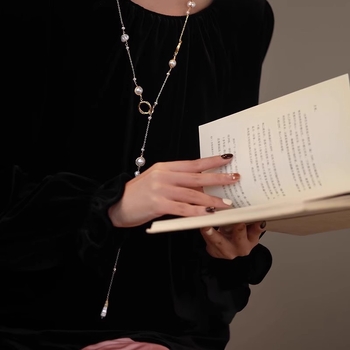 Имитационна барокова перлена дълга огърлица – корейски стил, геометричен дизайн, есен 2024