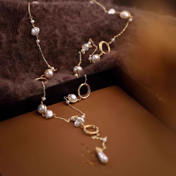 Имитационна барокова перлена дълга огърлица – корейски стил, геометричен дизайн, есен 2024