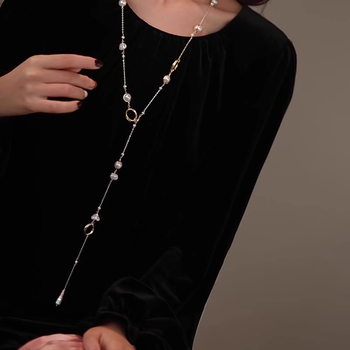 Имитационна барокова перлена дълга огърлица – корейски стил, геометричен дизайн, есен 2024