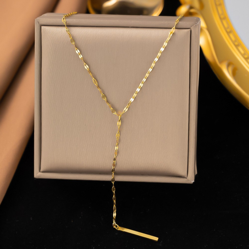 Ogrlica od titan čelika, Y-oblik privjesak s dugim resicama, lanac Melon seed chain, elektroplatina, 10 g