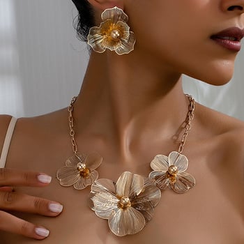 Σετ σκουλαρίκια και κολιέ – 3D διάτρητο λουλουδί με κοψίματα, σίδηρος, ηλεκτροπλατίωση, κανονική αλυσίδα, Φθινόπωρο 2025