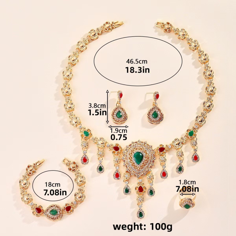 Četverodjelni set nakita: ogrlica s kapljastim privjeskom, naušnice, prsten i dodaci za ruku; legura, elektroplatiranje, ženski stil