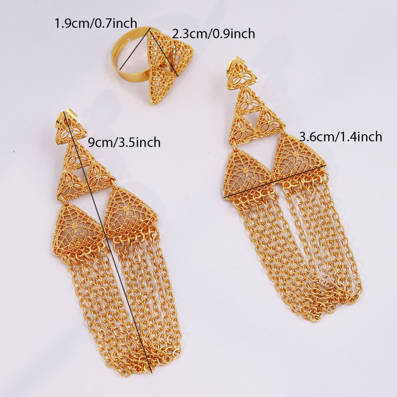 Set de bijuterii: cercei triunghi gofrat și inel, aliaj placat cu aur 24K, electroplacare, stil natural, iarna 2024