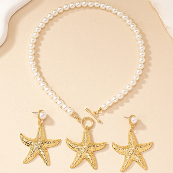 Set de bijuterii: cercei cu stea de mare și colier cu lanț de perlă - aliaj, placare electro, stil plajă, pentru femei