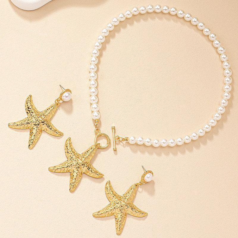 Set de bijuterii: cercei cu stea de mare și colier cu lanț de perlă - aliaj, placare electro, stil plajă, pentru femei