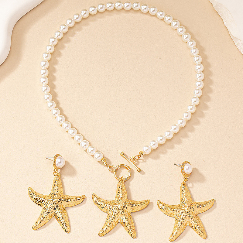 Set de bijuterii: cercei cu stea de mare și colier cu lanț de perlă - aliaj, placare electro, stil plajă, pentru femei