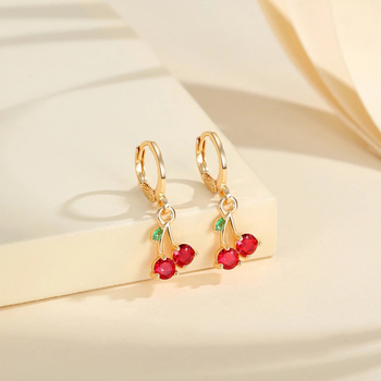 Set cercei și colier cu motiv cireș, lanț O, din cupru, placare electroplată