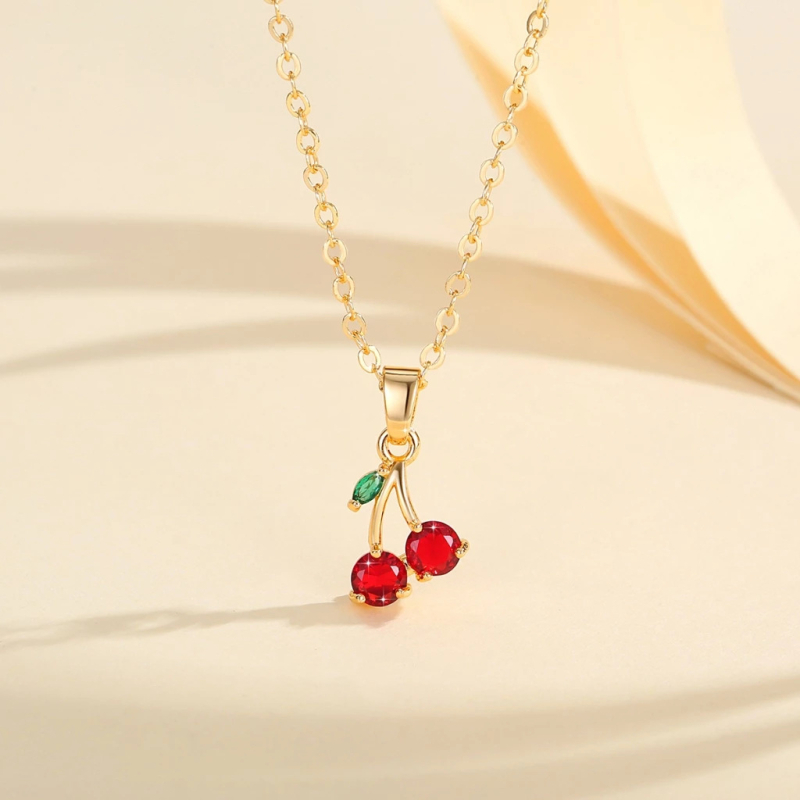 Set cercei și colier cu motiv cireș, lanț O, din cupru, placare electroplată