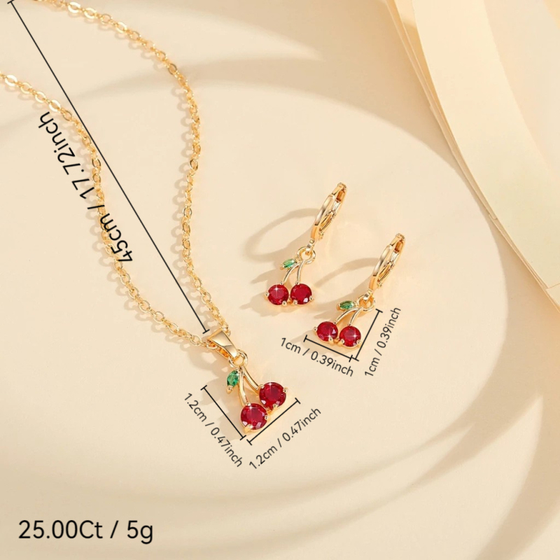 Set cercei și colier cu motiv cireș, lanț O, din cupru, placare electroplată