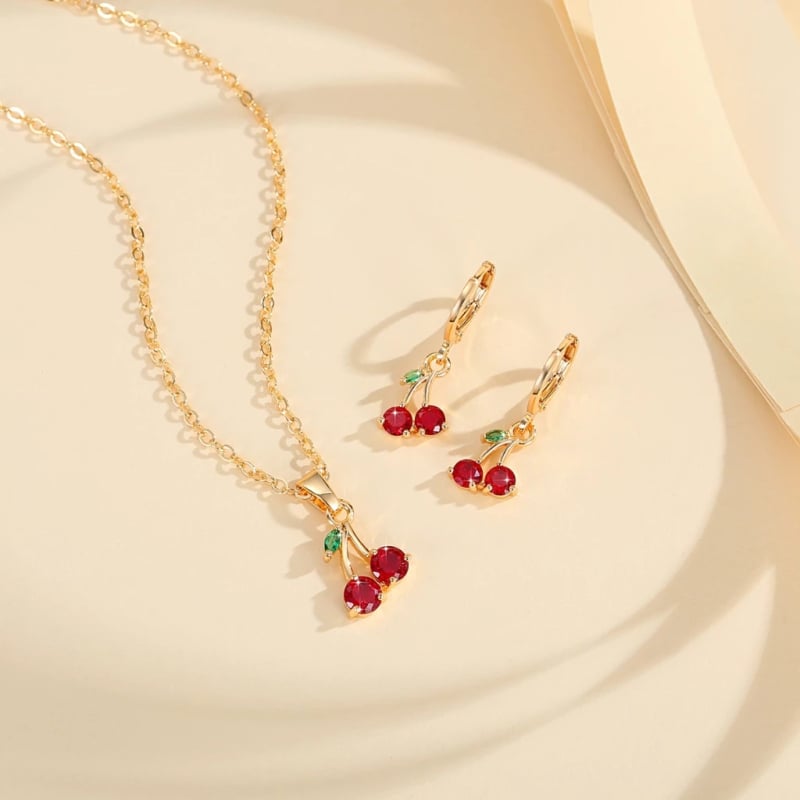 Set cercei și colier cu motiv cireș, lanț O, din cupru, placare electroplată