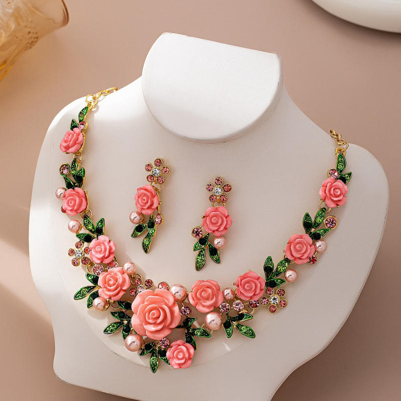 Set nakita: naušnice i ogrlica od cinkovog legura, dijamantna obrada, motiv biljaka i cvijeća, pastoralni stil