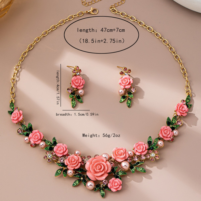 Set nakita: naušnice i ogrlica od cinkovog legura, dijamantna obrada, motiv biljaka i cvijeća, pastoralni stil