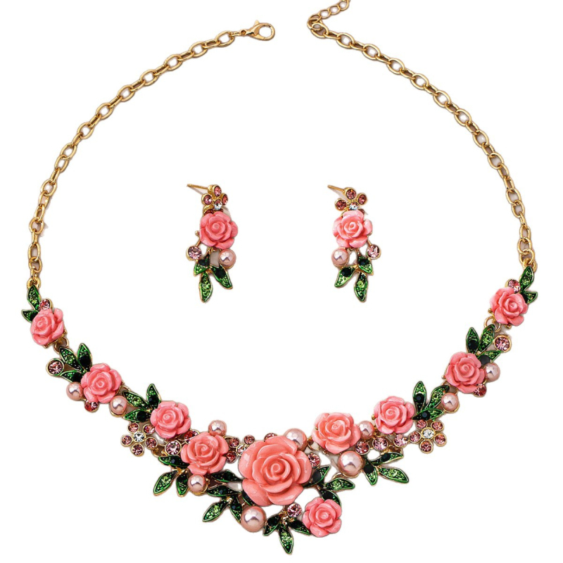 Set nakita: naušnice i ogrlica od cinkovog legura, dijamantna obrada, motiv biljaka i cvijeća, pastoralni stil