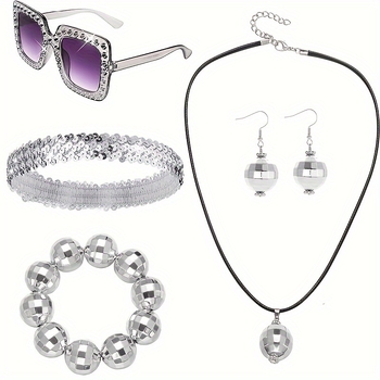 Sky Ornaments Retro 1970-ih Komplet Nakita — Ručno izrađeno od ABS-a, Uže na lanac, Kružni privjesak; Uključuje Ogrlicu, Naušnice, Narukvicu, Gumicu za Kosu i Kristalne Sunčane Naočale