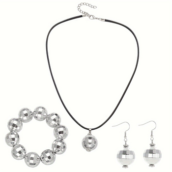 Sky Ornaments Retro 1970-ih Komplet Nakita — Ručno izrađeno od ABS-a, Uže na lanac, Kružni privjesak; Uključuje Ogrlicu, Naušnice, Narukvicu, Gumicu za Kosu i Kristalne Sunčane Naočale